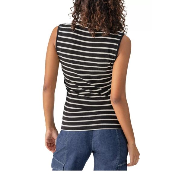 SANCTUARY TOP WOMENS MEDIUM  SLEEVELESS STRIPE MOCK NECK T-SHIRT BLACK NEW - Picture 2 of 12